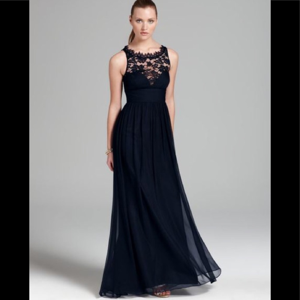 Aidan Mattox by Adrianna Papell Silk Midnight  Navy Chiffon & Lace formal long…